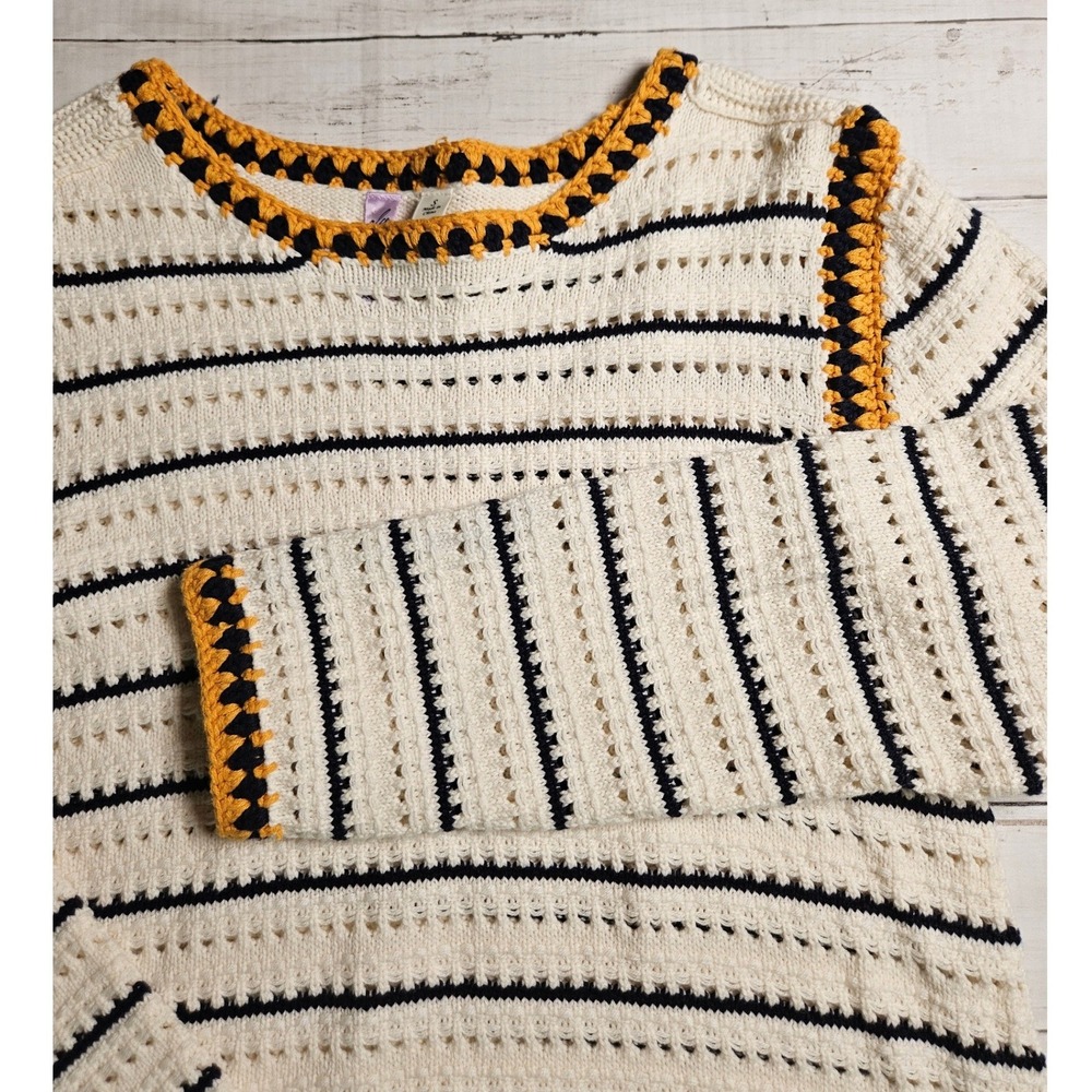Alya‎ for Francescas Crochet Striped Sweater Cream Navy Yellow Small